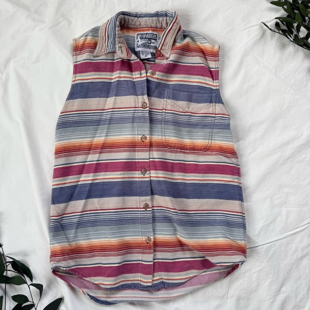 No Barriers Western Stripe Button Down Tank Top Vest Sleeveless Blouse Southwest
